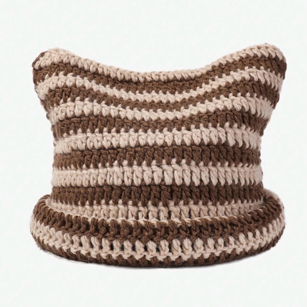 Handmade crochet cat ear beanie brown and tan